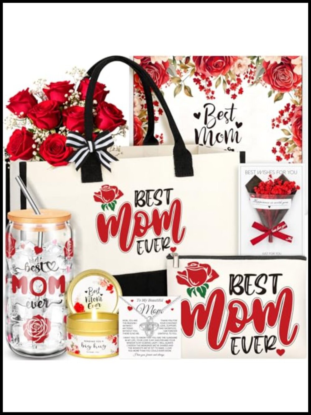 Mom Birthday Gift Set Canvas Tote Glass Tumbler Candle Gift Box Basket